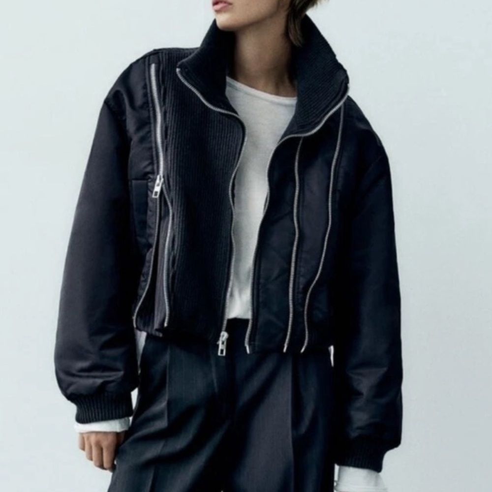 Zara Black Bomber Jacket with Silver Zippers - Picture 2 of 9